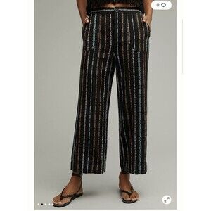 Anthropolgie The Dobby Flare Pant Black & Multicolored  Linen Blend Boho Size 0